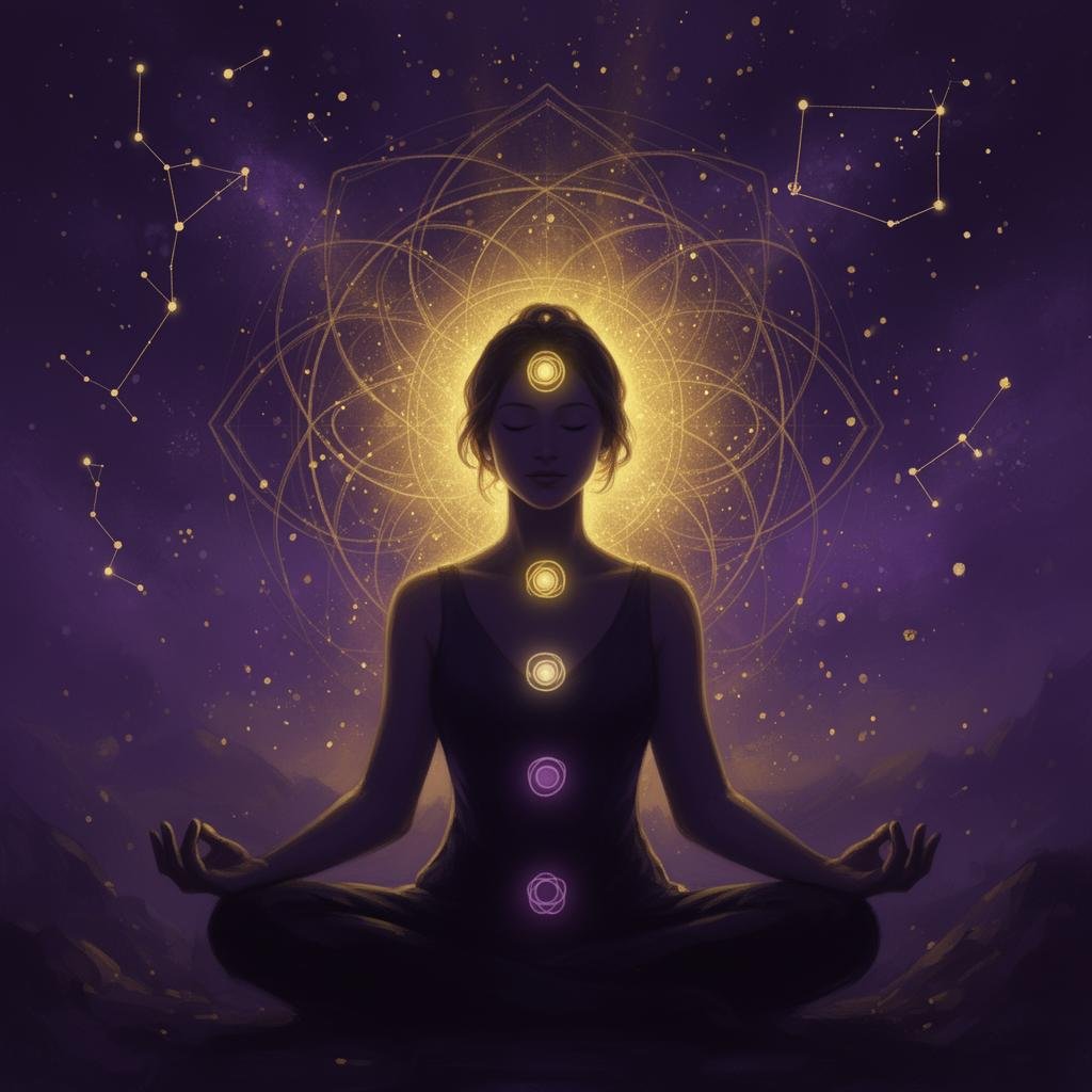 Silhueta meditativa com aura dourada e chakras iluminados, em fundo cósmico violeta